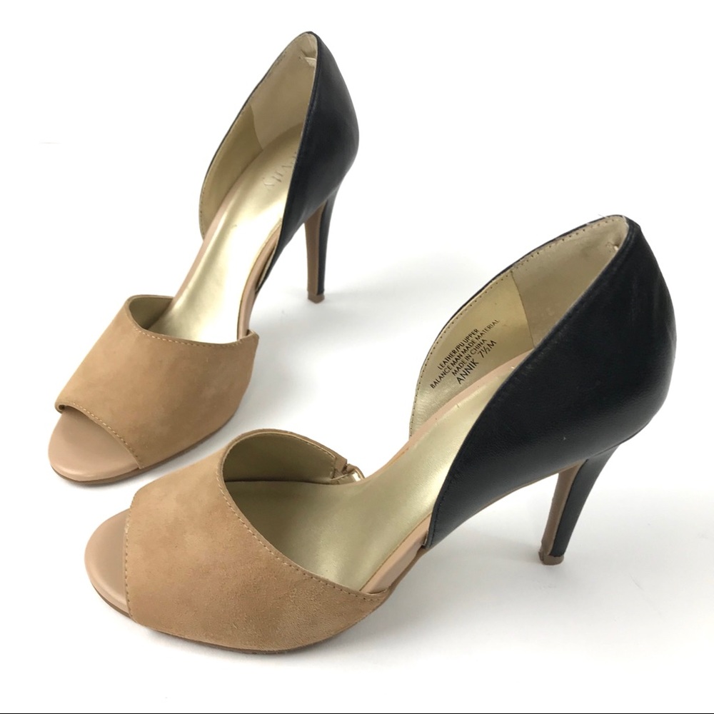 Levity Annik Tan Suede Black Leather Peep Toe Heel